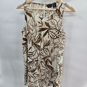 Tahari Ivory Tropical Leaves 100% Linen Sleeveless Pockets Shift Mini Dress XS